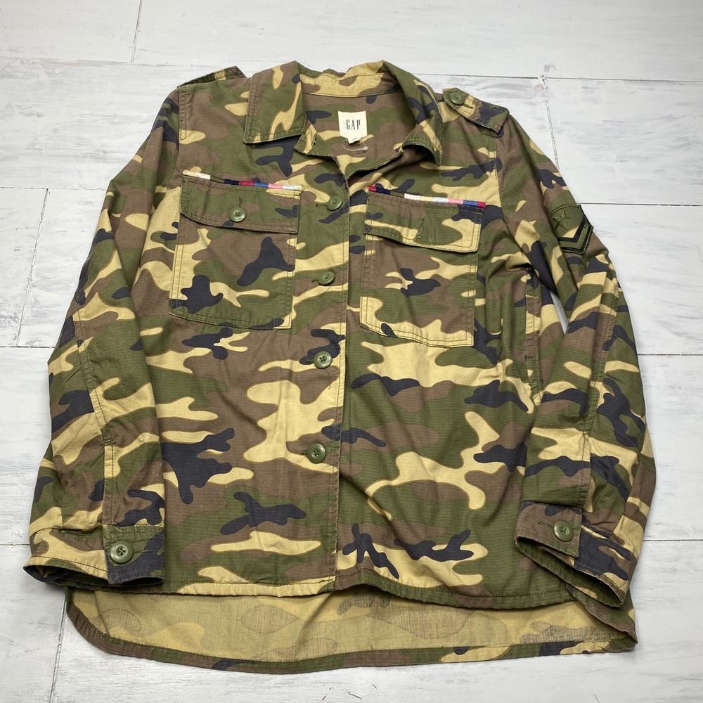 Gap Camo Utility Shirt Jacket Women Small Green Camouflage Ripstop Military Smoc